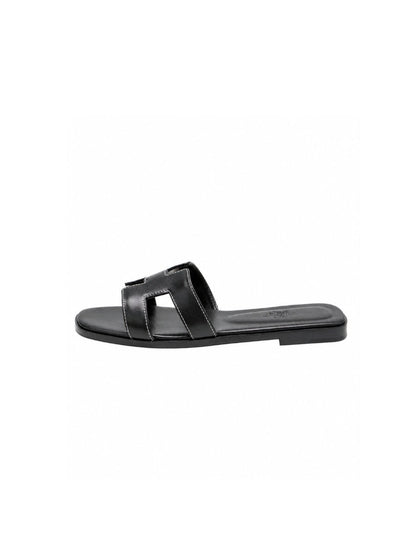 Hermes Oran Sandals Black Calfskin - oceanhype - 