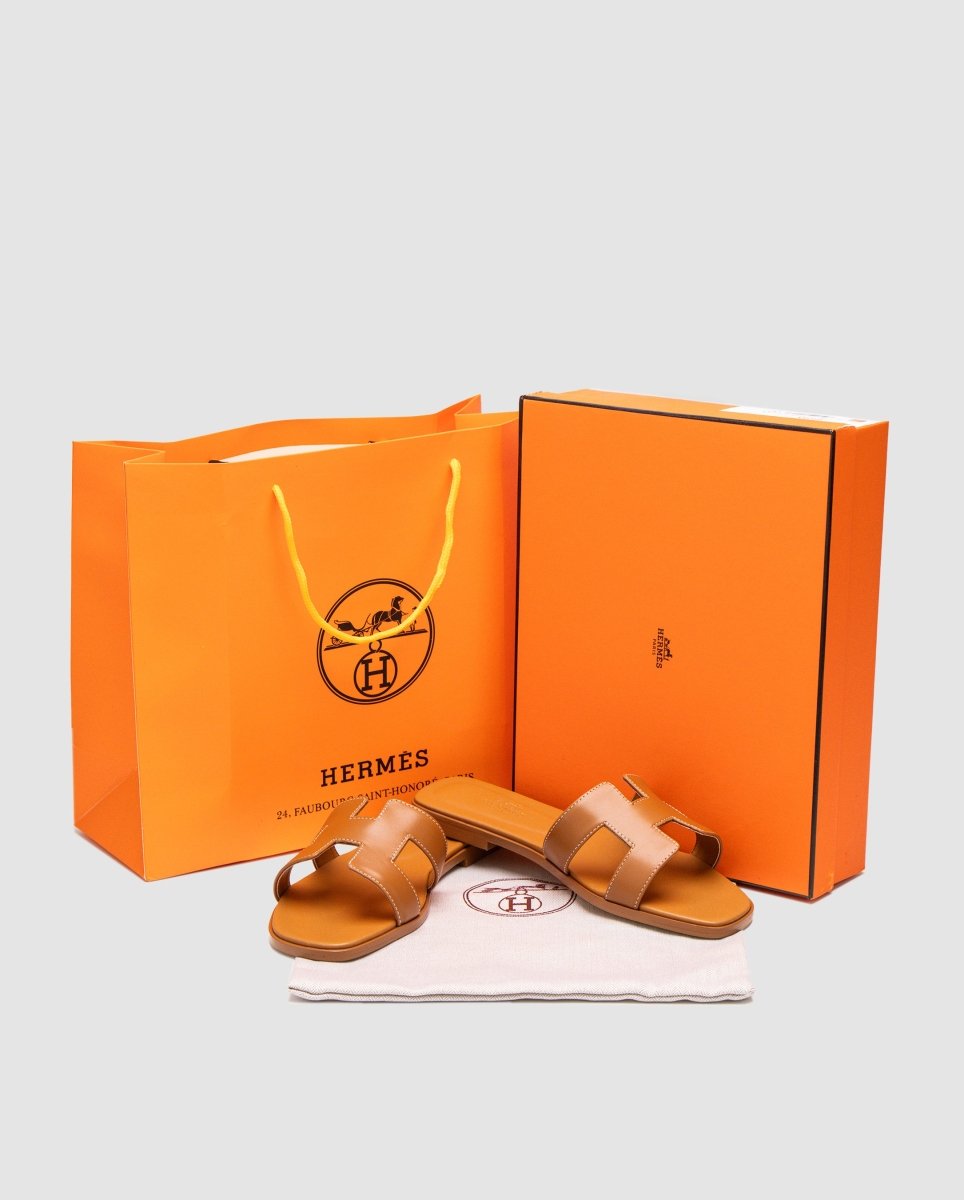Hermes Oran Sandals Gold Calfskin - oceanhype - 