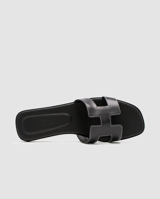 Hermes Oran Sandals Black Calfskin - oceanhype - 