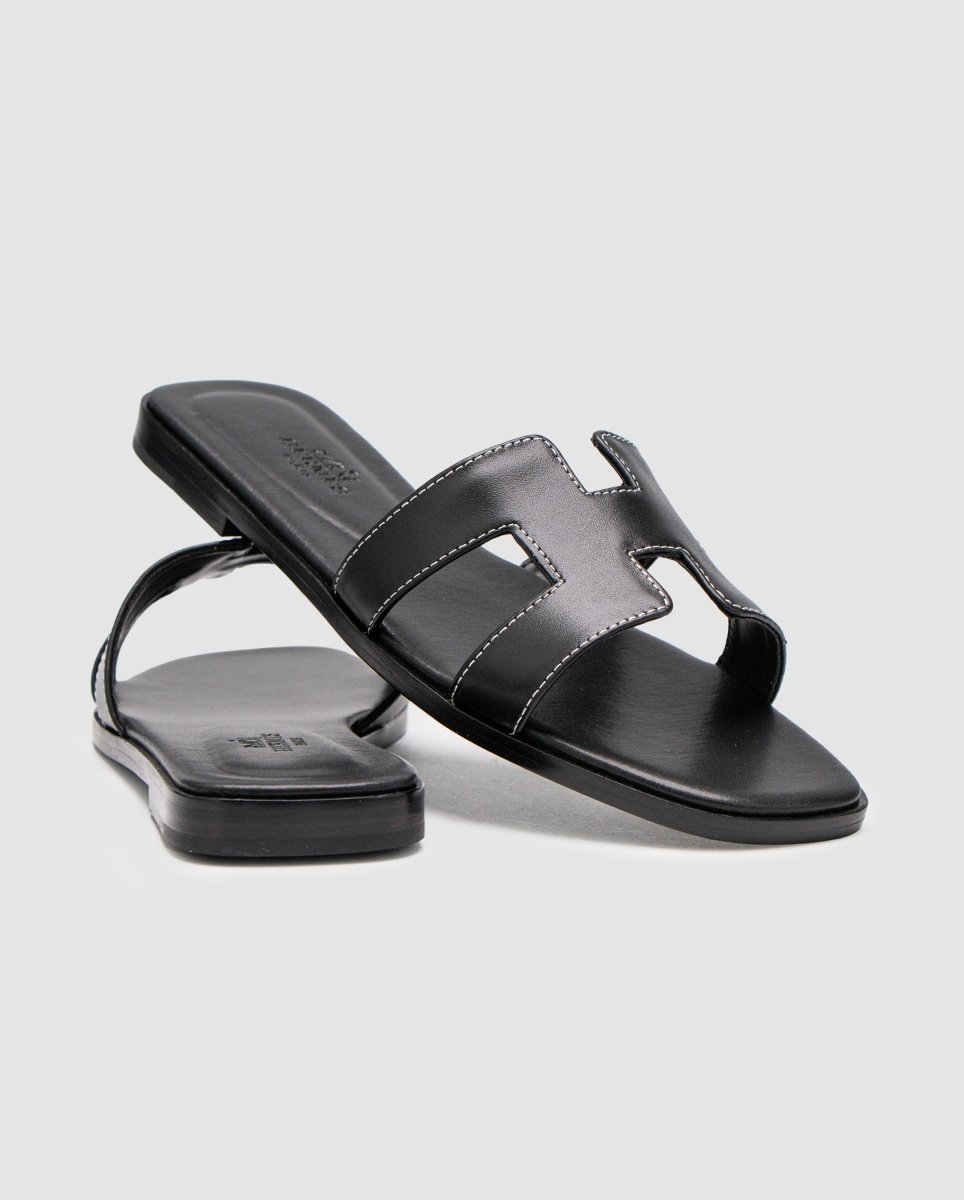 Hermes Oran Sandals Black Calfskin - oceanhype - 