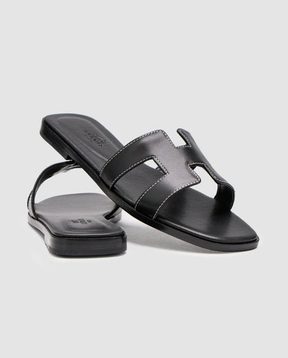 Hermes Oran Sandals Black Calfskin - oceanhype - 