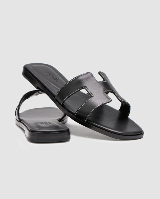 Hermes Oran Sandals Black Calfskin - oceanhype - 