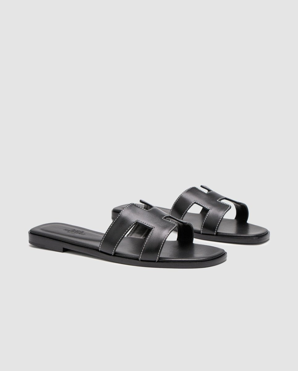 Hermes Oran Sandals Black Calfskin - oceanhype - 
