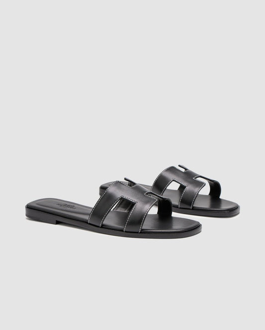 Hermes Oran Sandals Black Calfskin - oceanhype - 