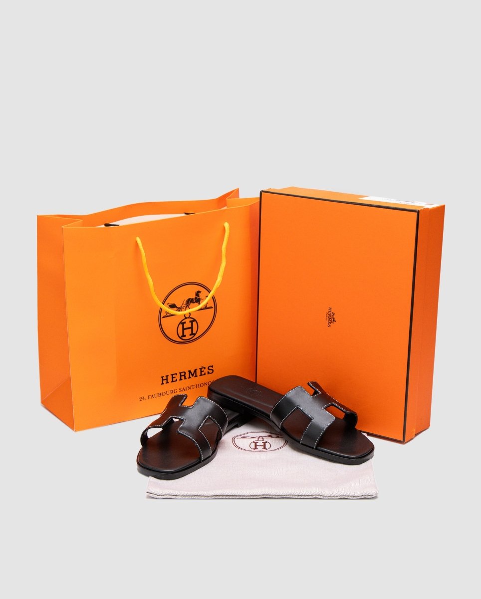Hermes Oran Sandals Black Calfskin - oceanhype - 