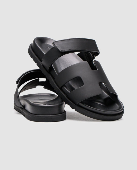 Hermes Chypre Sandals Black Calfskin - oceanhype - 