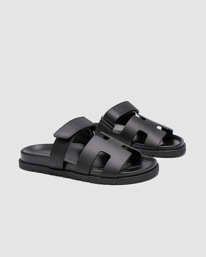 Hermes Chypre Sandals Black Calfskin - oceanhype - 