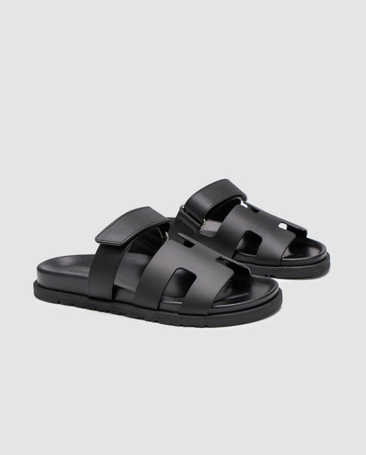 Hermes Chypre Sandals Black Calfskin - oceanhype - 