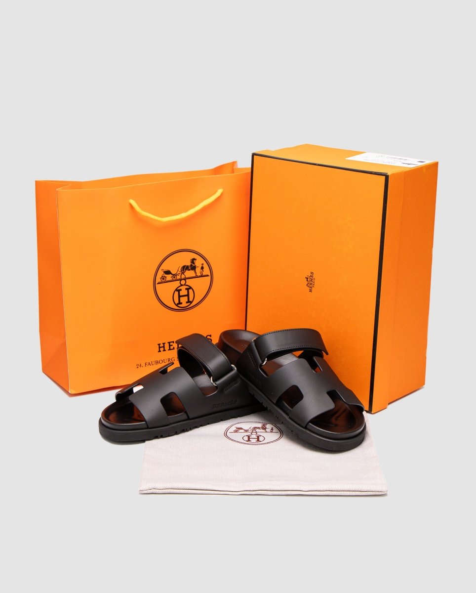 Hermes Chypre Sandals Black Calfskin - oceanhype - 