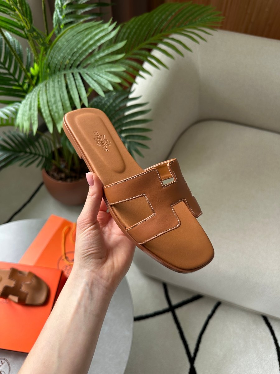 Hermes Oran Sandals Gold Calfskin - oceanhype - 