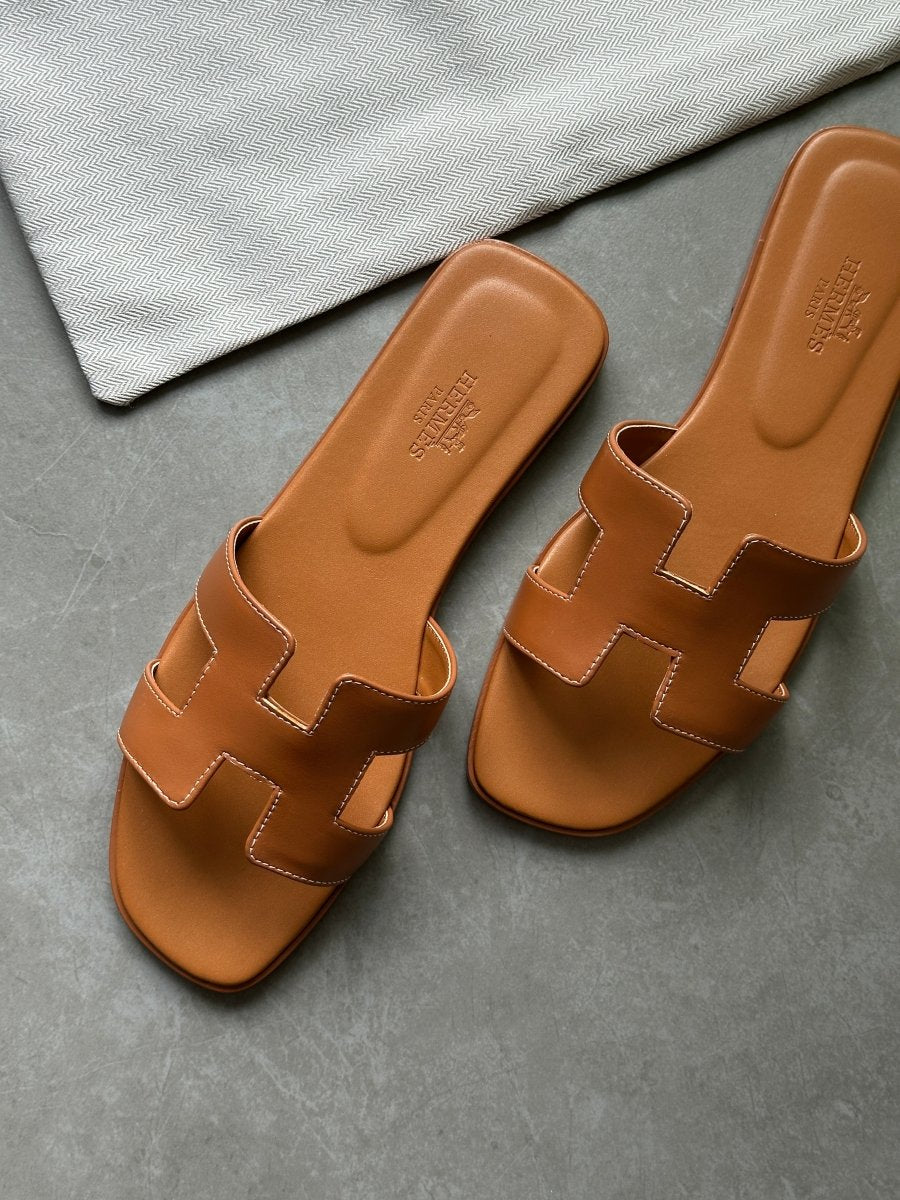 Hermes Oran Sandals Gold Calfskin - oceanhype - 