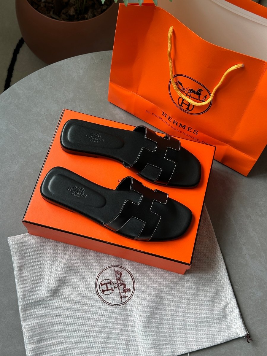 Hermes Oran Sandals Black Calfskin - oceanhype - 