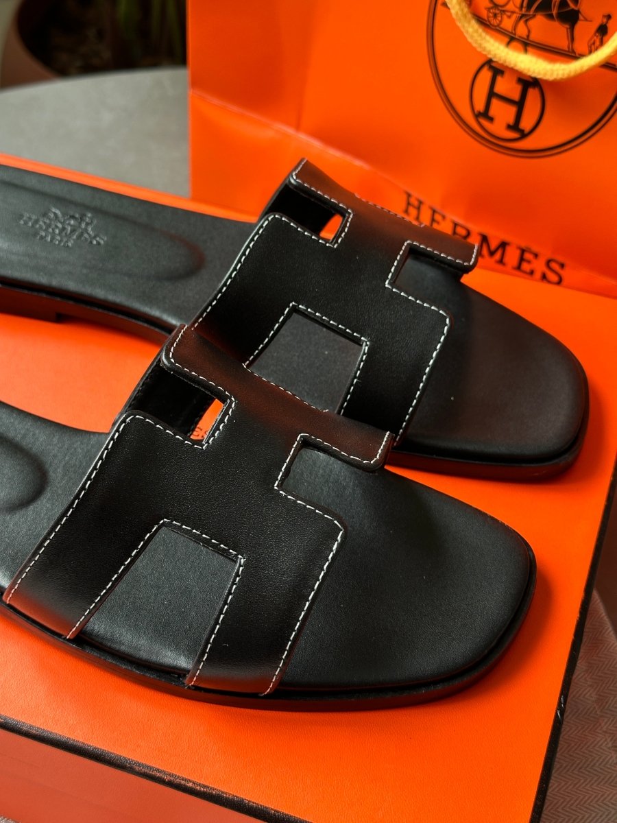 Hermes Oran Sandals Black Calfskin - oceanhype - 