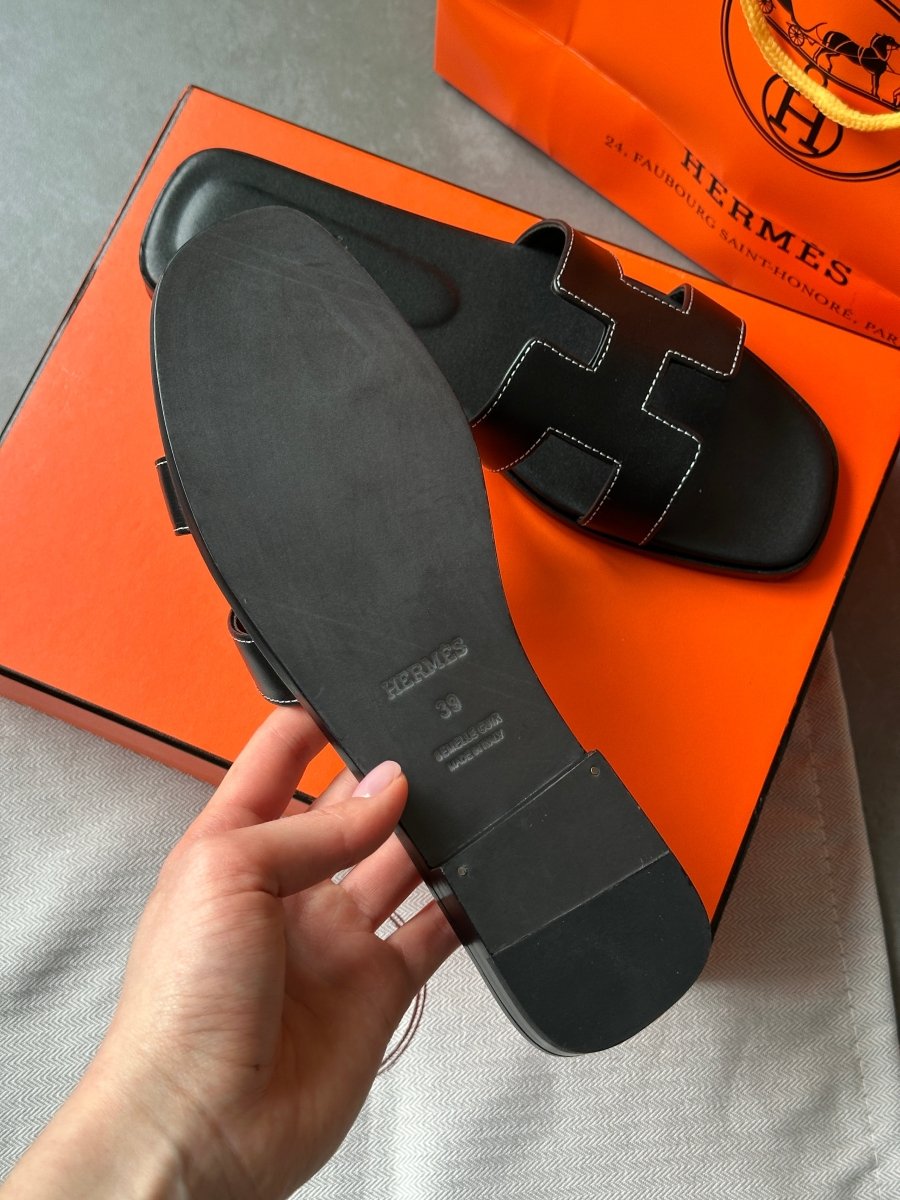 Hermes Oran Sandals Black Calfskin - oceanhype - 