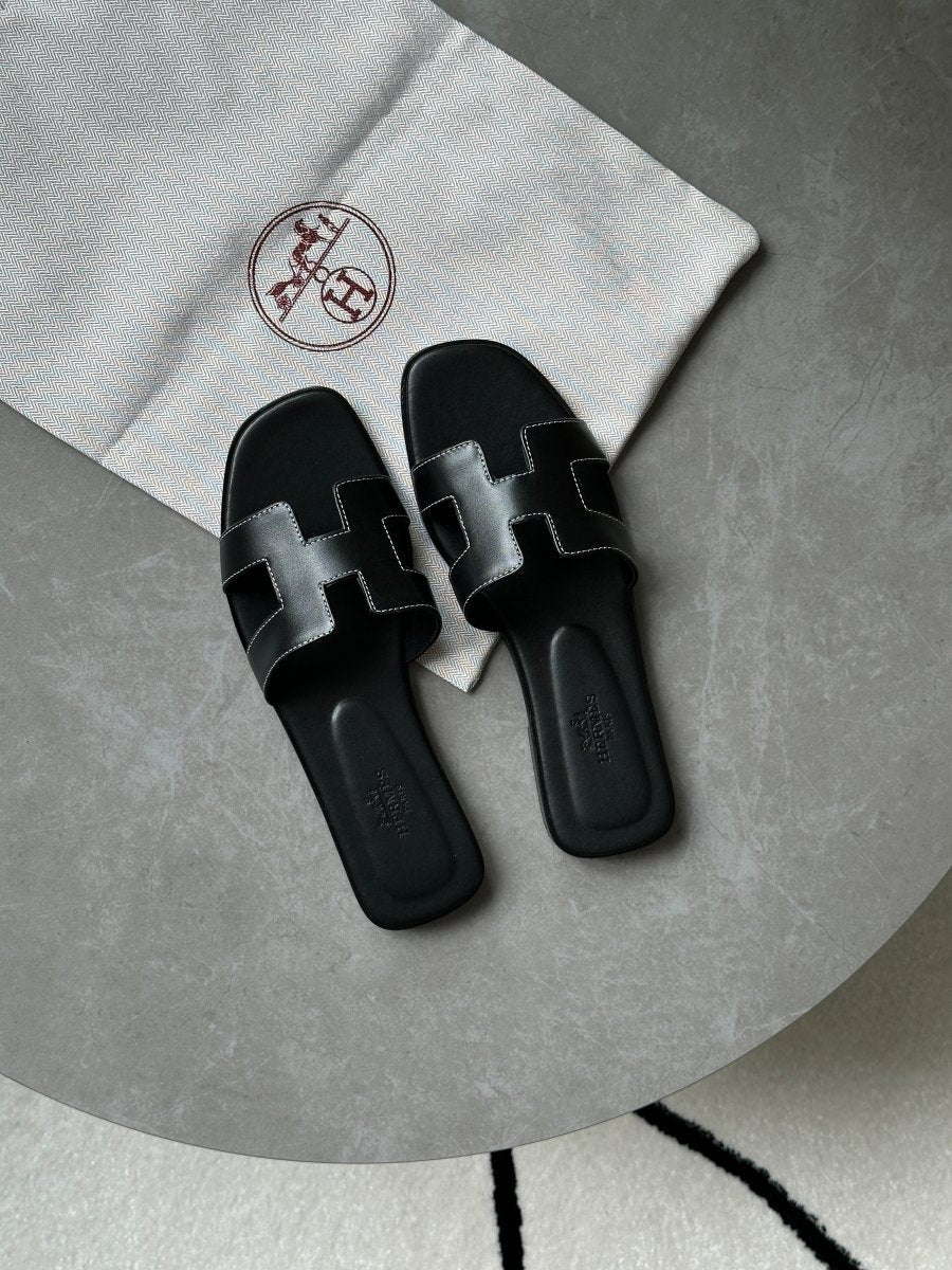 Hermes Oran Sandals Black Calfskin - oceanhype - 