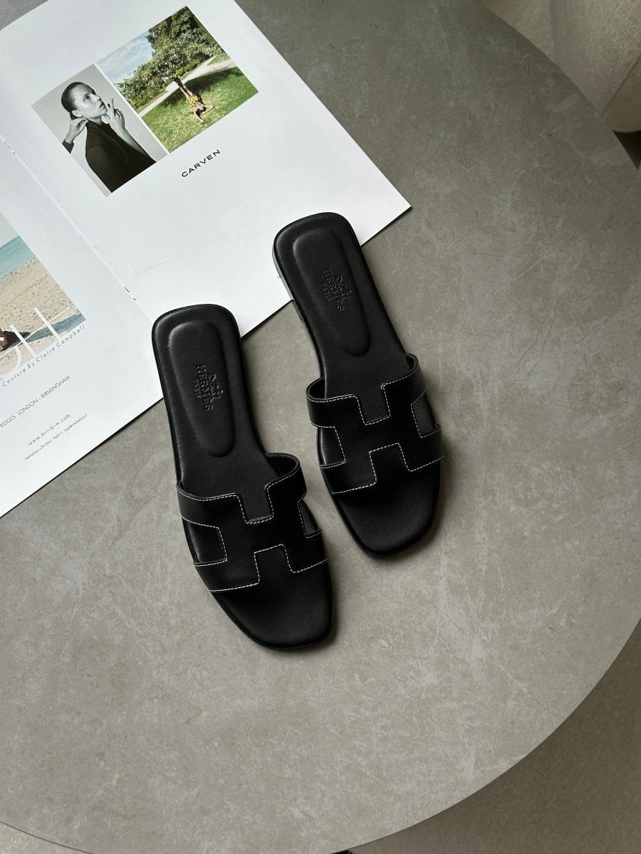Hermes Oran Sandals Black Calfskin - oceanhype - 