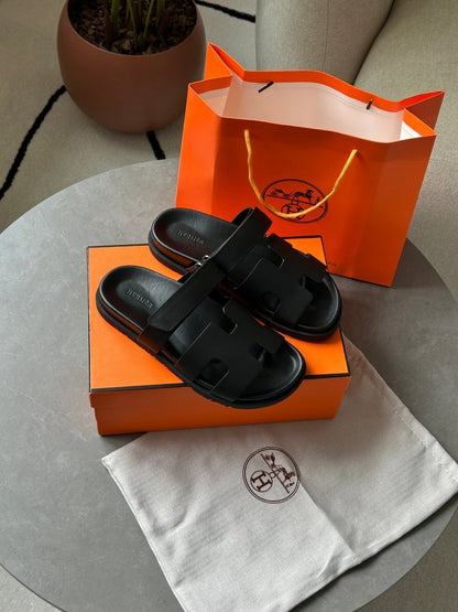 Hermes Chypre Sandals Black Calfskin - oceanhype - 