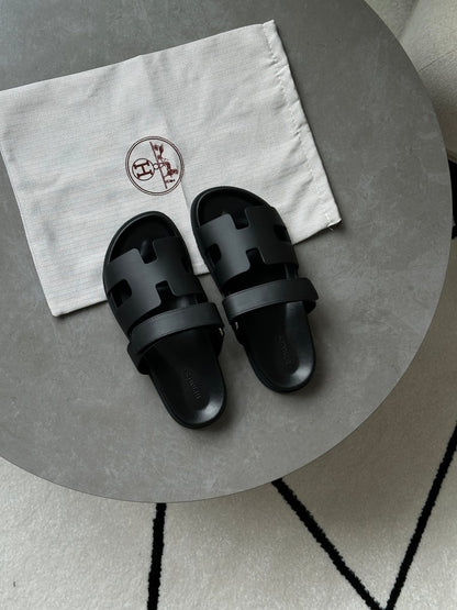 Hermes Chypre Sandals Black Calfskin - oceanhype - 