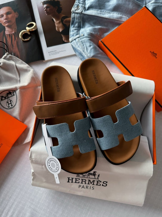 Hermes Chypre Apricot Sandals Jeans Brown - oceanhype - 