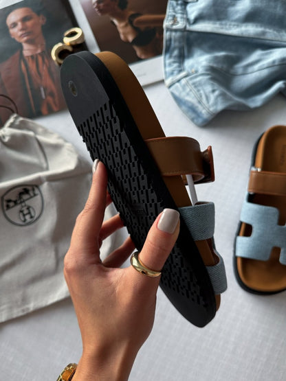 Hermes Chypre Apricot Sandals Jeans Brown - oceanhype - 